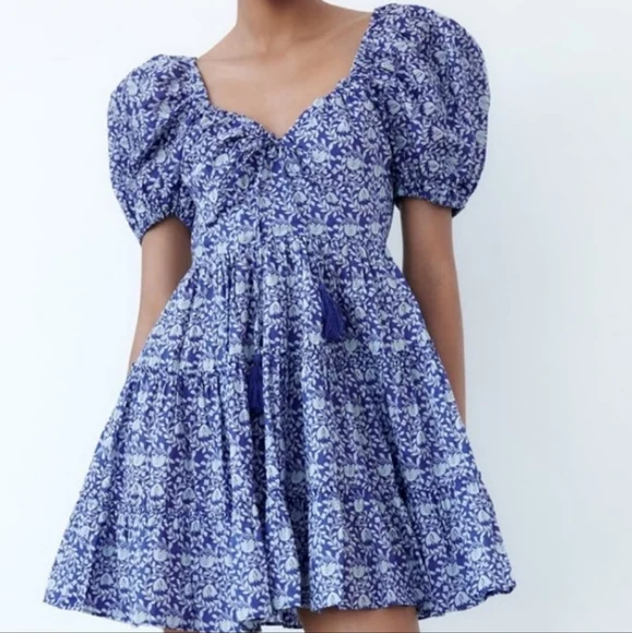 CUTE Printed Dress Short Blue Balloon Sleeves - Picture 1 of 8